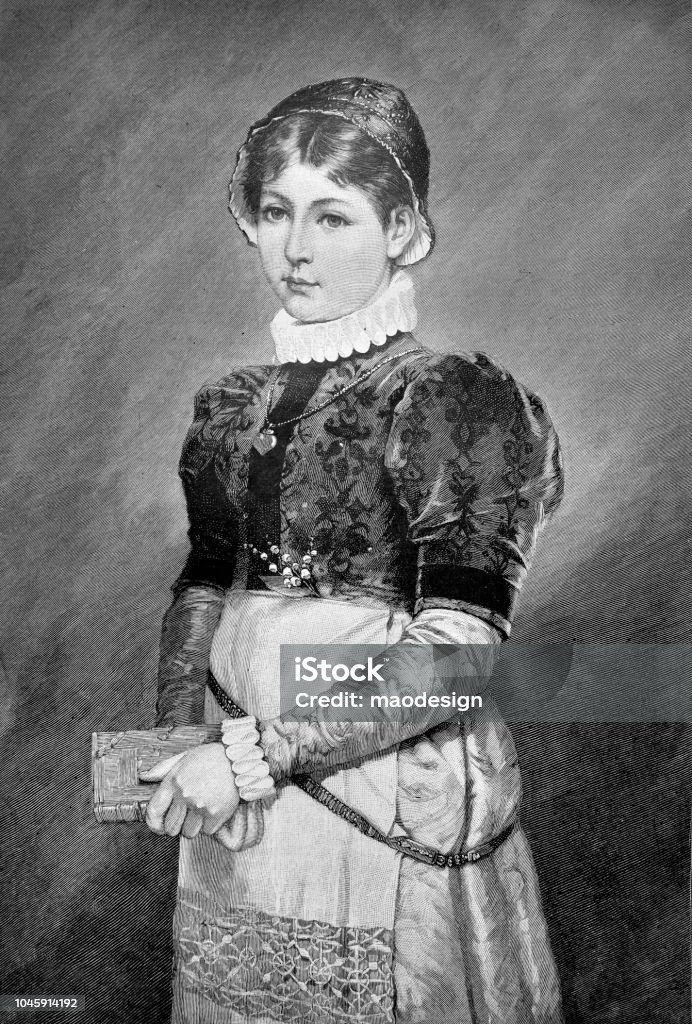 Portrait of a beautiful young woman with a book in her hands - 1888 1880-1889 stock illustration