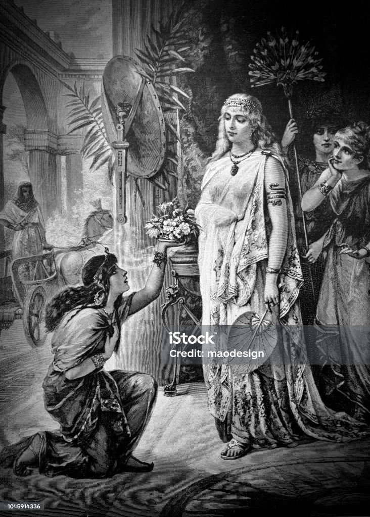 Egyptian goddess gets a bouquet of flowers from a young Egyptian girl - 1888 Child stock illustration