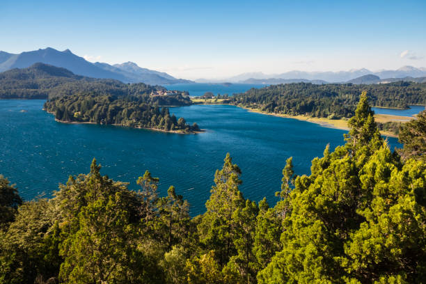 argentine lake district at sunrise view of the llao llao hotel and the lake lago nahuel huapi. patagonia - llao llao hotel imagens e fotografias de stock