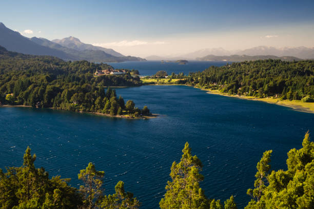 argentine lake district at sunrise view of the llao llao hotel and the lake lago nahuel huapi. patagonia - llao llao hotel imagens e fotografias de stock