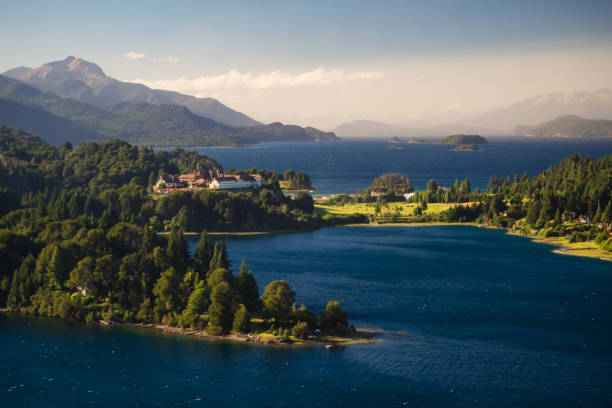 argentine lake district at sunrise view of the llao llao hotel and the lake lago nahuel huapi. patagonia - llao llao hotel imagens e fotografias de stock