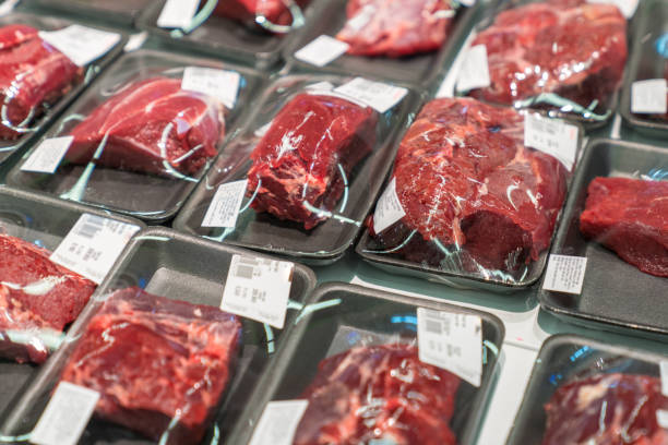 istock Raw beef meat in plastic box in supermarket 1045918216