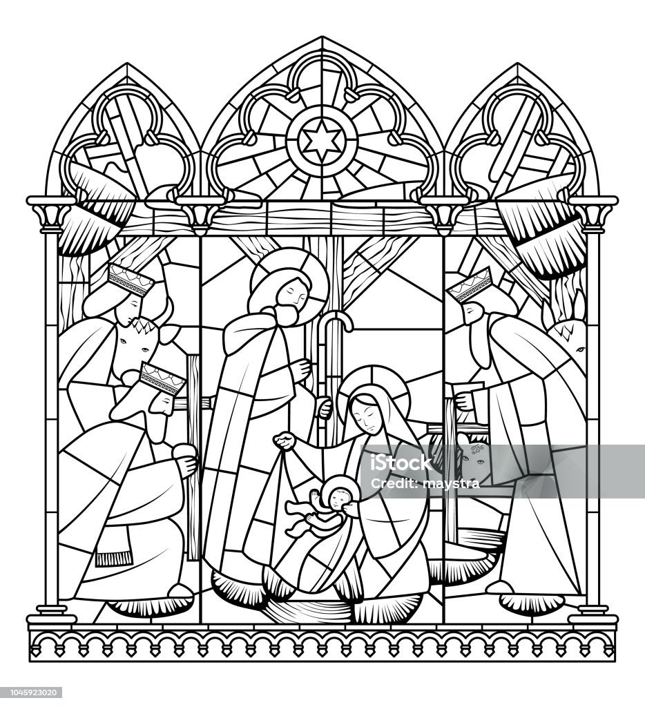 Linear drawing of Birth of Jesus Christ scene in gothic frame Birth of Jesus Christ scene in gothic frame. Linear drawing for coloring book. Vector illustration Nativity Scene stock vector