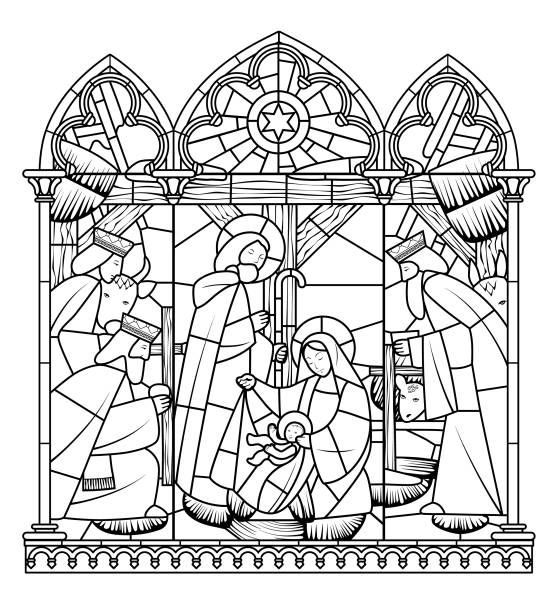 Linear drawing of Birth of Jesus Christ scene in gothic frame Birth of Jesus Christ scene in gothic frame. Linear drawing for coloring book. Vector illustration religious christmas coloring page stock illustrations