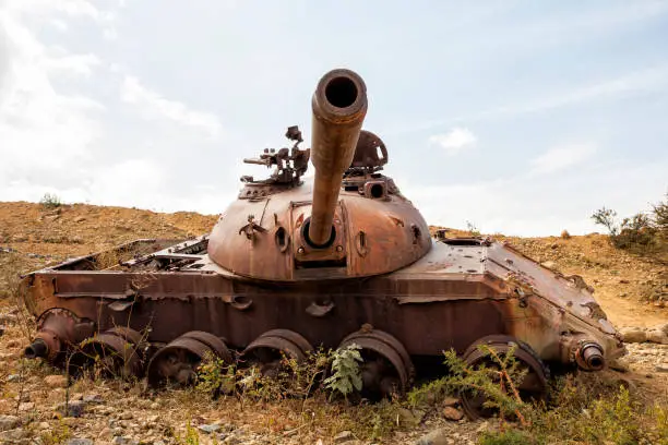 Wreckage of a tank in tigray area from the war with Eritrea - Ethiopia