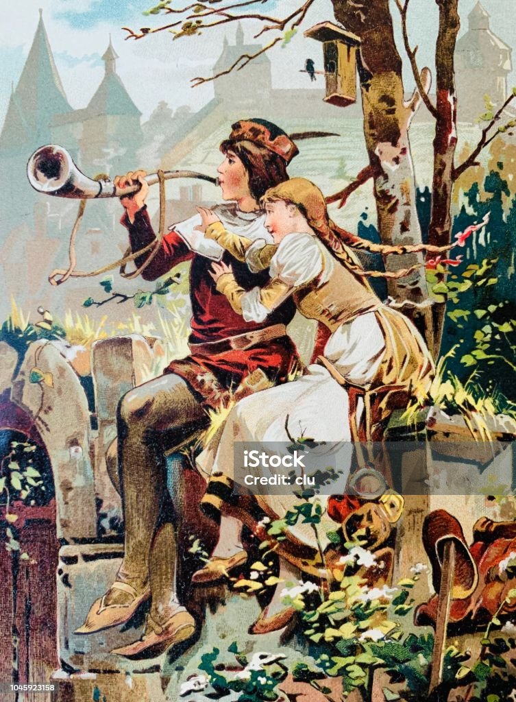 Trumpeter with girl friend at the gates of the city Illustration from 19th century 1890-1899 stock illustration