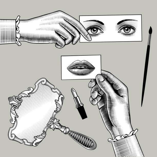 Female hands, eyes, lips and accessory drawing in vintage engraving style Female hands holding the cards with eyes and lips drawing in vintage engraving style. Retro mirror, lipstick and brush. Vector illustration mirror object drawings stock illustrations