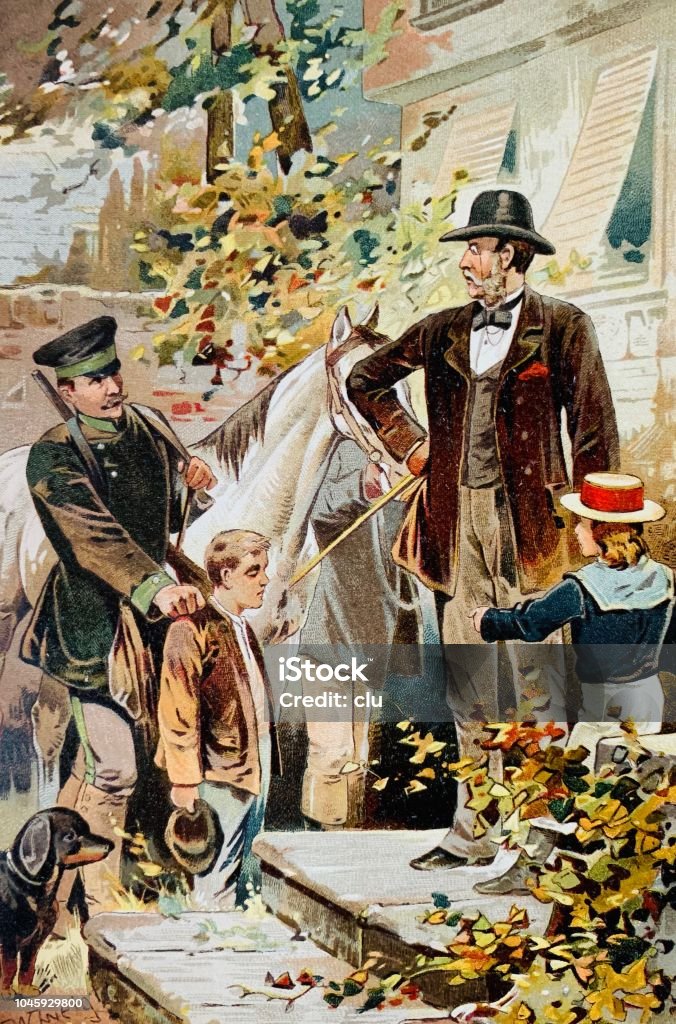 Boy is brought before the gentleman by a policeman. Illustration from 19th century Police Force stock illustration