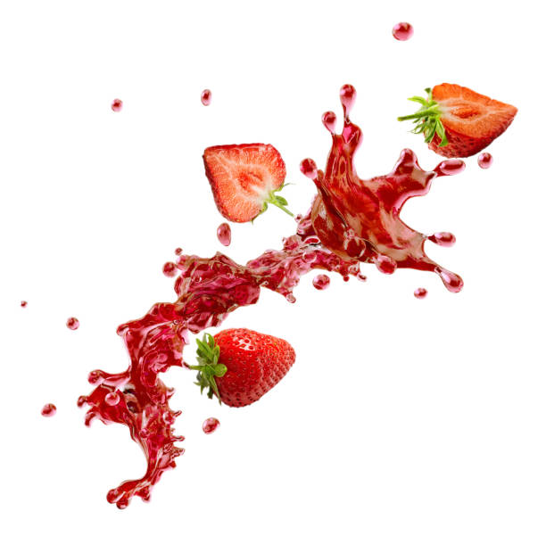istock Liquid spiral splash juice jet with strawberries and droplets, isolated. Liquid template design element. 3D illustration 1045938794