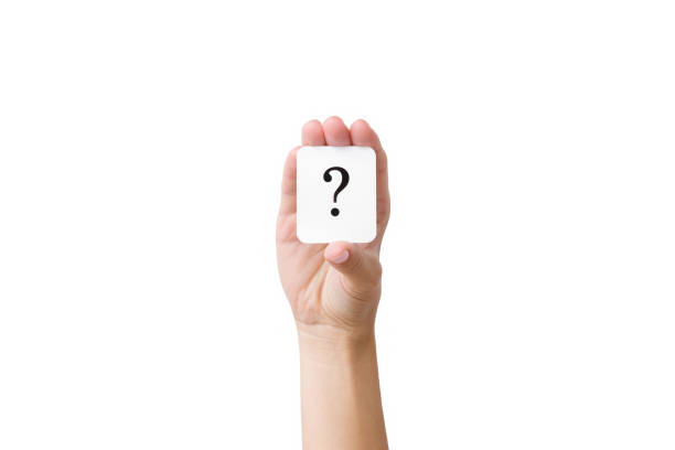 Woman's hand showing card of question mark. People problem. Solution search concept. Cutout human's arm. Isolated on white background. Clipping path.