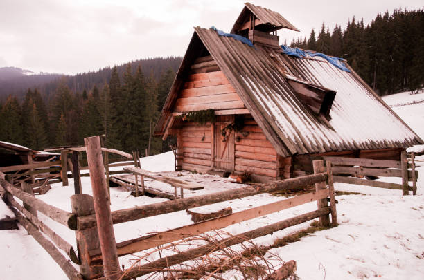 クリアの木造住宅。家のある冬の風景。 - snow horizon winter shed ストックフォトと画像