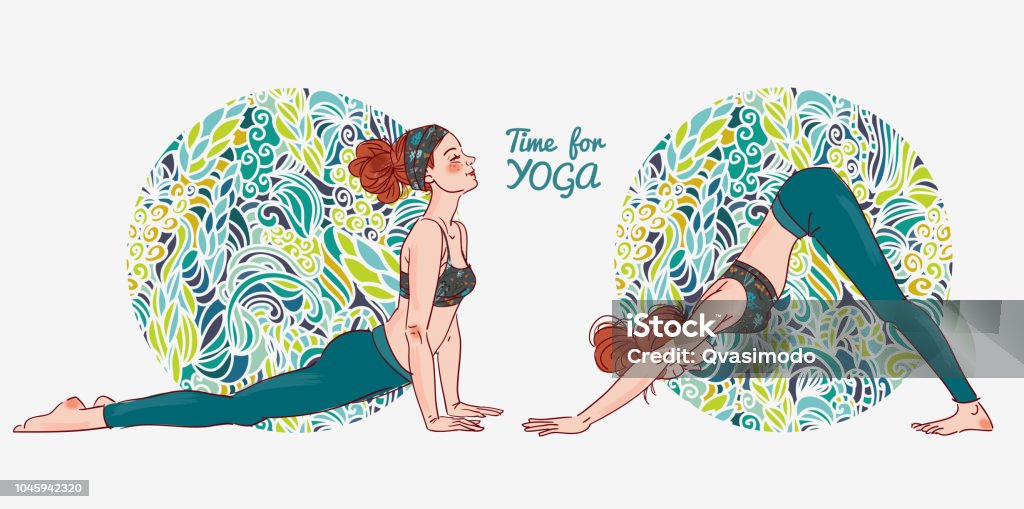 Cute, young woman practicing yoga Dog stock vector