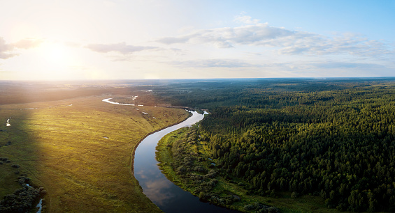 Sunset over the river and pine forest. Tver district (oblast), Russia