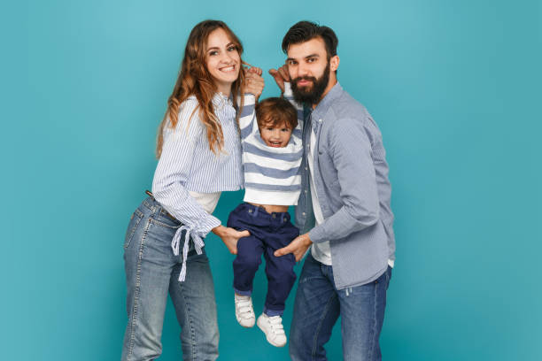 A happy family on blue background