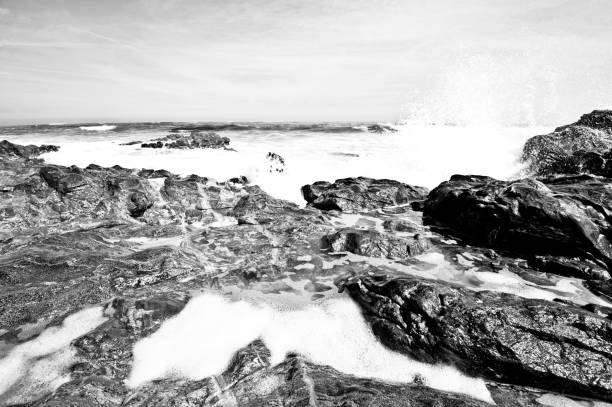 istock Atlantic Ocean Seaside Beach: Beautiful Dramatic Splash Of Tidal Waves Hitting Rocks. Monochrome (Black And White) 1045960808