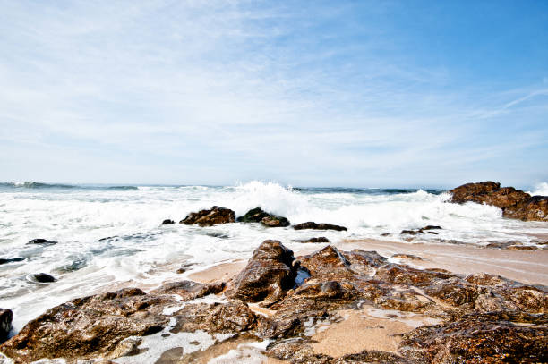 istock Colourful Atlantic Ocean Seaside Beach: Beautiful Dramatic Splash Of Tidal Waves Hitting Rocks. 1045961066