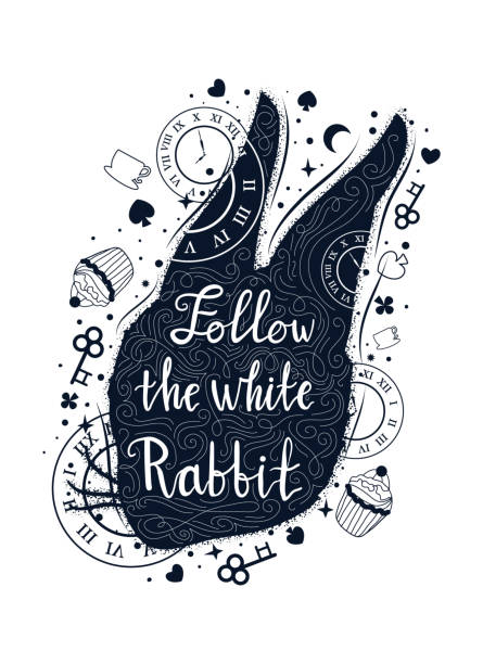 Follow the white rabbit vintage illustration with rabbit's head. Alice in wonderland motifs. Tattoo art and double exposure style. Hand drawn lettering phrase. Follow the white rabbit vintage illustration with rabbit's head. Alice in wonderland motifs. Tattoo art and double exposure style. Hand drawn lettering phrase. food cake tea sketch stock illustrations