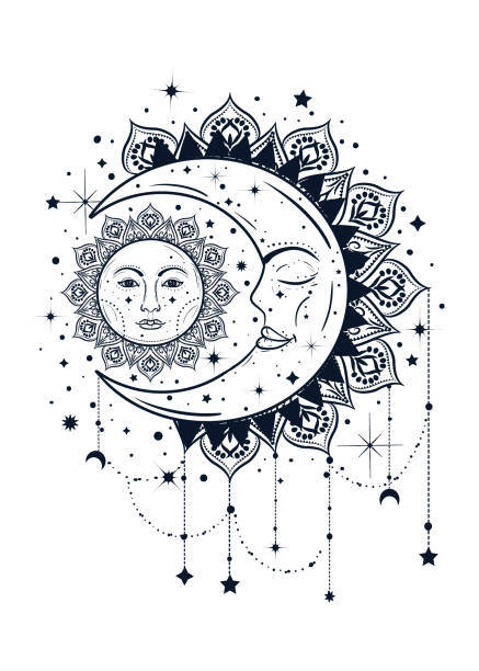 vintage boho abbildung von sonne und mond. dreamcatcher-konzept - dreamcatcher stock-grafiken, -clipart, -cartoons und -symbole