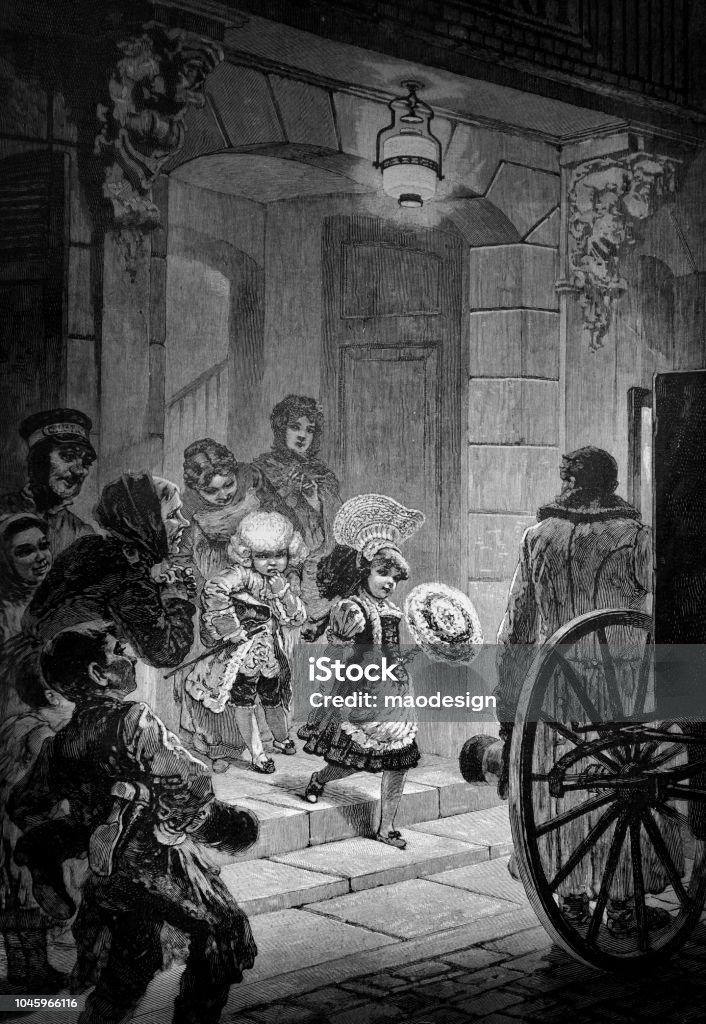 Children of the nobility leave the house and go to the carriage - 1888 1880-1889 stock illustration
