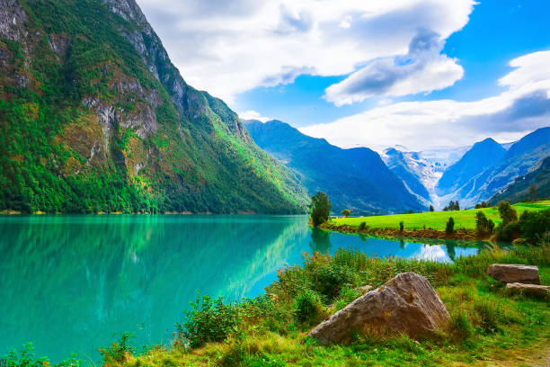 Norwegian landscape with Nordfjord fjord, mountains, flowers and glacier in Olden, Norway