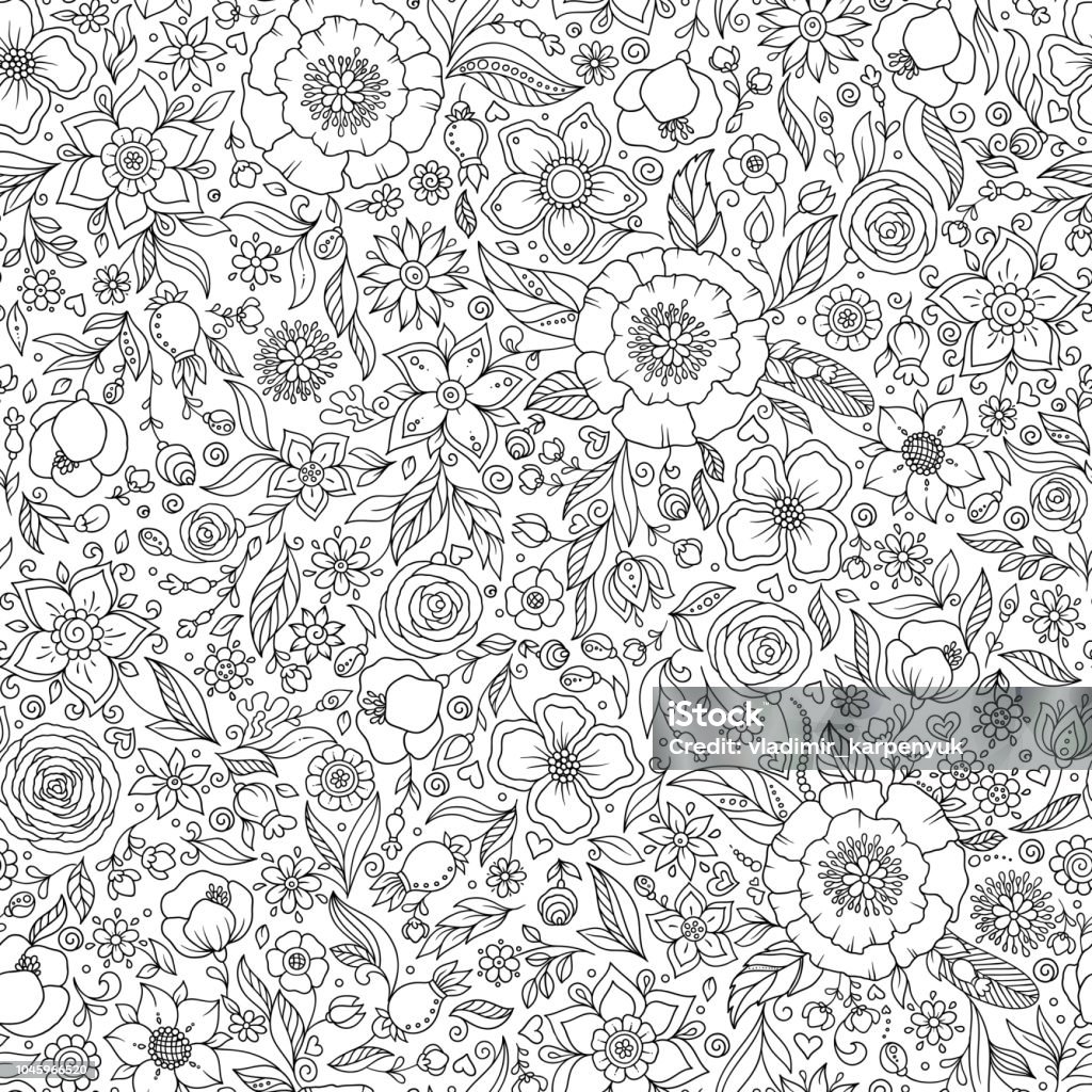 Seamless floral doodle background pattern in vector. Floral seamless pattern. Doodle background. Black and white hand-drawn pattern. Coloring book. Backgrounds stock vector