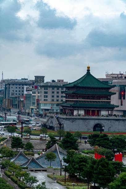 bell tower in xi'an,, china - xian tower drum china stock-fotos und bilder