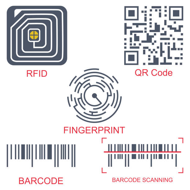 ilustraciones, imágenes clip art, dibujos animados e iconos de stock de etiqueta rfid, código qr, huella digital y código de barras del vector conjunto de iconos plano aislado sobre fondo blanco. identificación por radio frecuencia y tecnología de escaneado. - key black business backgrounds