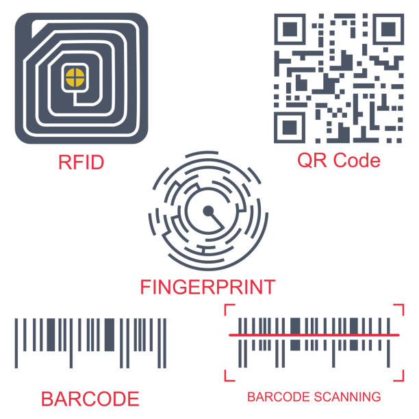 Rfid tag, qr code, fingerprint and barcode vector flat icon set isolated on a white background. Radio-frequency identification and scanning technology. Rfid tag, qr code, fingerprint and barcode vector flat icon set. radio frequency identification stock illustrations