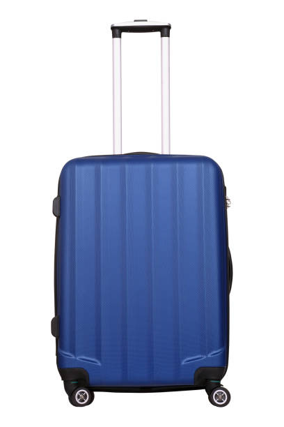 白い背景に分離された青いプラスチック スーツケース - caster board ストックフォトと画像
