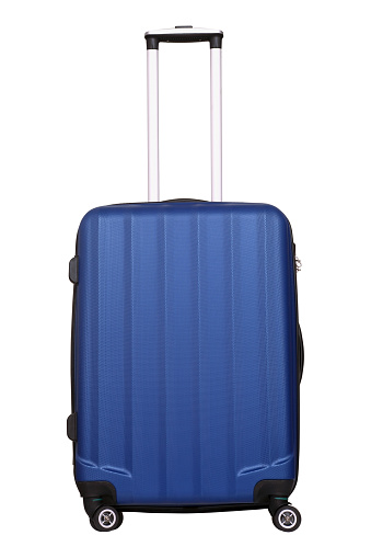 Blue plastic suitcase isolated on white background