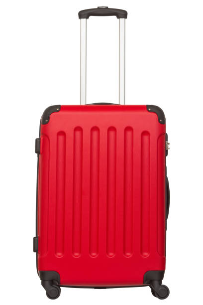 red plastic suitcase isolated on white background - suitcase imagens e fotografias de stock