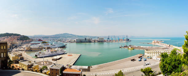 vista panoramica del porto commerciale di ancona - passenger ship ferry crane harbor foto e immagini stock