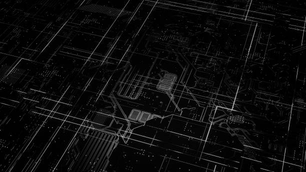 istock Digital electronic circuit board. Abstract structure of many glowing lines and geometric elements. Creative technology concept. Luminous and metal elements on black background. 3d rendering 1045986580