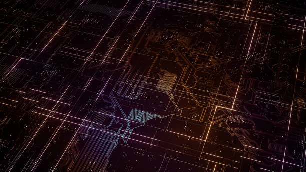 istock Digital electronic circuit board. Abstract structure of many glowing lines and geometric elements. Creative technology concept. Luminous and metal elements on black background. 3d rendering 1045986586