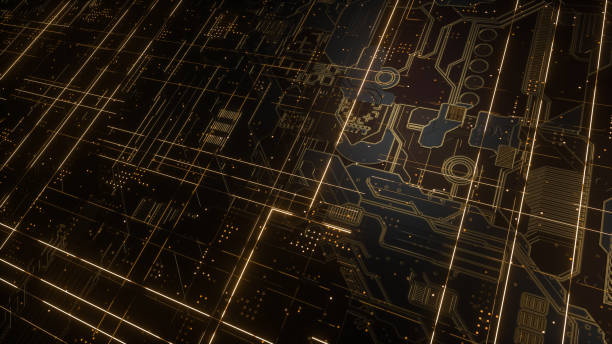 istock Digital electronic circuit board. Abstract structure of many glowing lines and geometric elements. Creative technology concept. Luminous and metal elements on black background. 3d rendering 1045986690