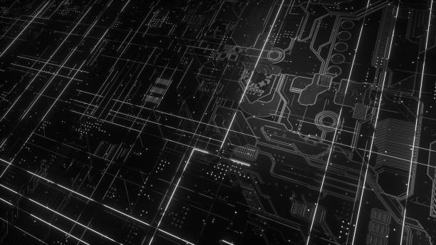 Digital electronic circuit board. Abstract structure of many glowing lines and geometric elements. Creative technology concept. Luminous and metal elements on black background. 3d rendering