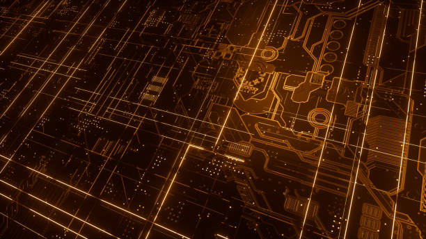 istock Digital electronic circuit board. Abstract structure of many glowing lines and geometric elements. Creative technology concept. Luminous and metal elements on black background. 3d rendering 1045987080