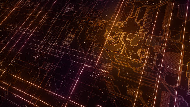 istock Digital electronic circuit board. Abstract structure of many glowing lines and geometric elements. Creative technology concept. Luminous and metal elements on black background. 3d rendering 1045987084