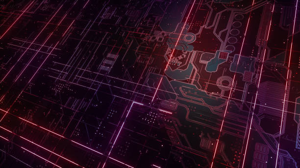 istock Digital electronic circuit board. Abstract structure of many glowing lines and geometric elements. Creative technology concept. Luminous and metal elements on black background. 3d rendering 1045987122