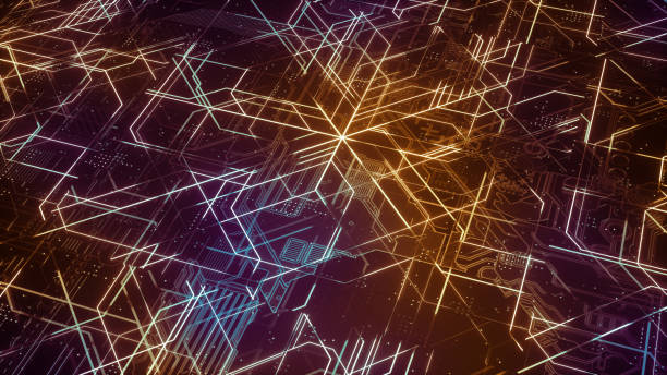 istock Digital electronic circuit board. Abstract structure of many glowing lines and geometric elements. Creative technology concept. Luminous and metal elements on black background. 3d rendering 1045987376