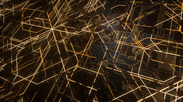 istock Digital electronic circuit board. Abstract structure of many glowing lines and geometric elements. Creative technology concept. Luminous and metal elements on black background. 3d rendering 1045987400