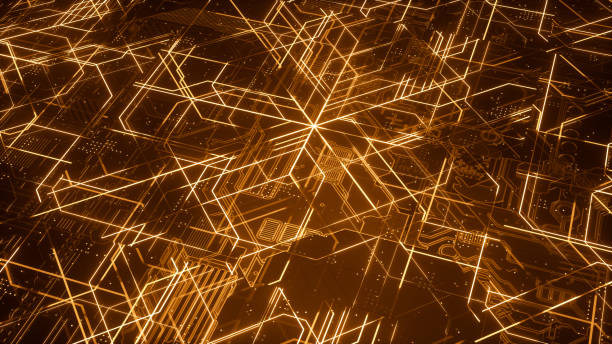 istock Digital electronic circuit board. Abstract structure of many glowing lines and geometric elements. Creative technology concept. Luminous and metal elements on black background. 3d rendering 1045987418