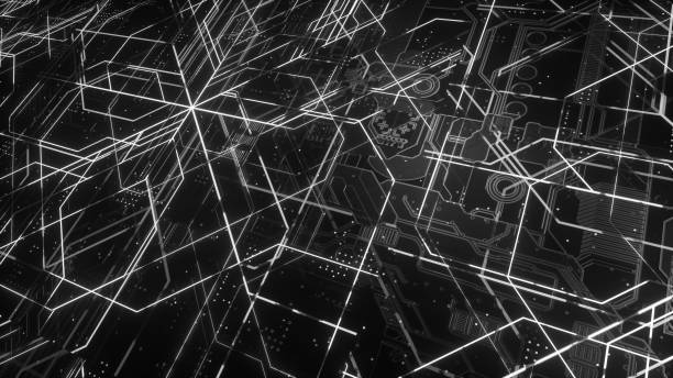 istock Digital electronic circuit board. Abstract structure of many glowing lines and geometric elements. Creative technology concept. Luminous and metal elements on black background. 3d rendering 1045987484