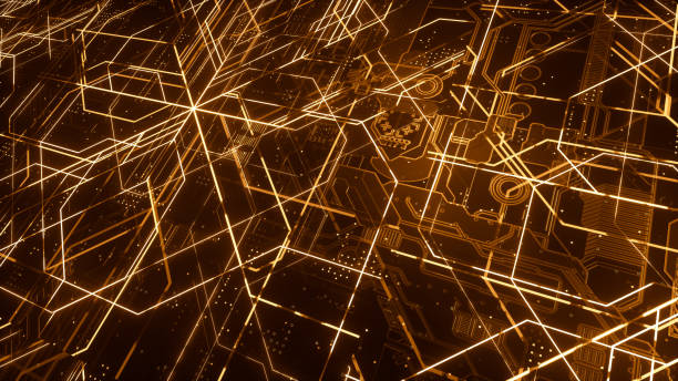 istock Digital electronic circuit board. Abstract structure of many glowing lines and geometric elements. Creative technology concept. Luminous and metal elements on black background. 3d rendering 1045987522