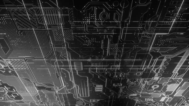 istock Digital electronic circuit board. Abstract structure of many glowing lines and geometric elements. Creative technology concept. Luminous and metal elements on black background. 3d rendering 1045989716