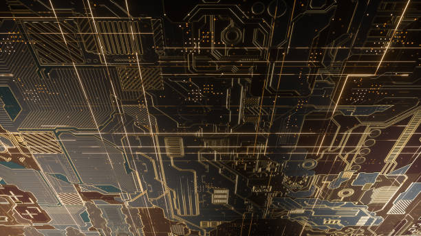 istock Digital electronic circuit board. Abstract structure of many glowing lines and geometric elements. Creative technology concept. Luminous and metal elements on black background. 3d rendering 1045989718