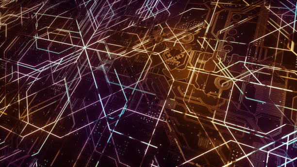 istock Digital electronic circuit board. Abstract structure of many glowing lines and geometric elements. Creative technology concept. Luminous and metal elements on black background. 3d rendering 1045989780