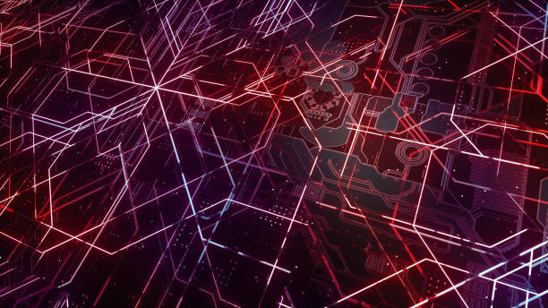 istock Digital electronic circuit board. Abstract structure of many glowing lines and geometric elements. Creative technology concept. Luminous and metal elements on black background. 3d rendering 1045989782