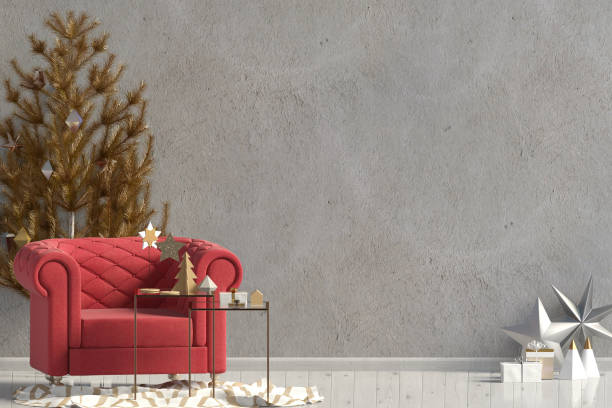 istock Modern Christmas interior with chair, Scandinavian style. Wall mock up. 3D illustration 1045997882
