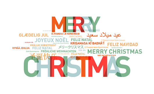 Merry christmas text card from the world. Different languages celebrations